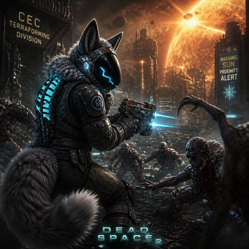 A thick fluffy Protogen in Dead Space 2 with a plasma cutter for self defense and fighting for survival in a city in space, close to the planet and near the sun. A well animated version. A sci-fi horror.