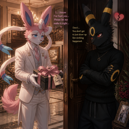 An ashamed rich male Sylveon, who’s offering a gift with a bow on it for apology, Still loves his male Umbreon that wears black sweater standing on a front door inside residence unhappy to see and still has a broken heart. In the anthropomorphic universe (well-made).
