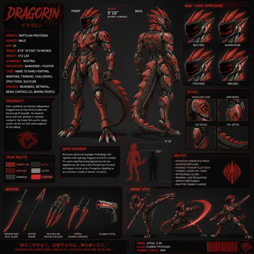 A young light red male raptilian protogen that’s mostly machine. Reference sheet, height of 9 foot 10 inches, likes hand to hand fighting and weapons. Has the name of Dragorin. Anime art style.