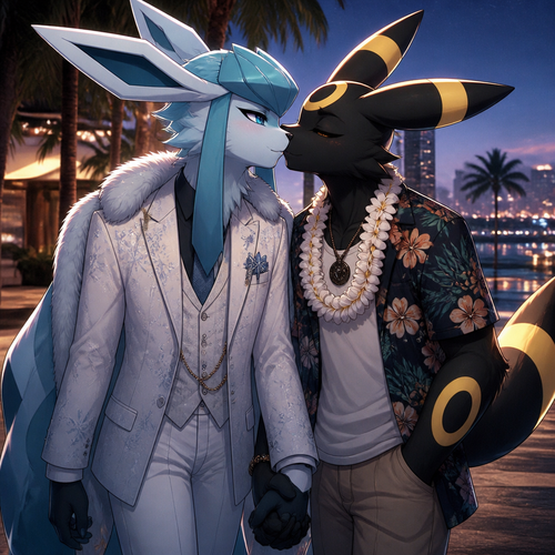 Barron Lucian Glaceon (The Barron Glaceon) in love with his true soulmate, Rick (the non-rich grown Umbreon) came from Hawaii where he lives, wants to hold hands and kiss. In modern life. Well-made version and characters.