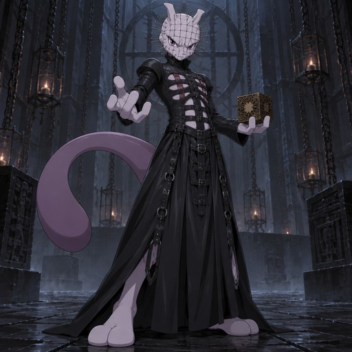 A male Mewtwo dressed up like Pinhead. Anime art style, solo, full body.