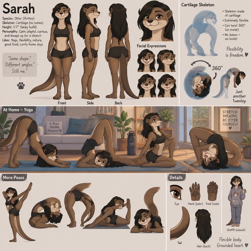 A lanky female anthropomorphic otter named Sarah, has a skeleton made of cartilage making her EXTREMELY flexible, is flexible enough to twist herself 360 degrees (maybe even more) if she wants to, black hair, is at home doing yoga, reference sheet
