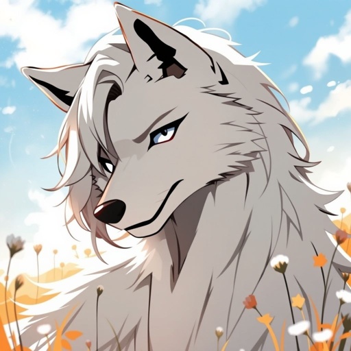 White wolf gay, long puffy hair covering one eye