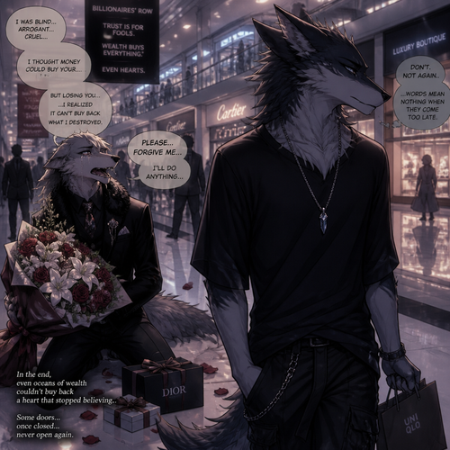 An arrogant billionaire male Sergal who brought gifts and flowers for an apology for the things he did/said by regret while begging forgiveness to an ex-boyfriend male Sergal that wears a necklace who’s not rich enough yet unhappy mood while looking away to ignore while walking away at the mall. A sad ending anime. (The Barrons and billionaires even trillionaires can not be trusted)