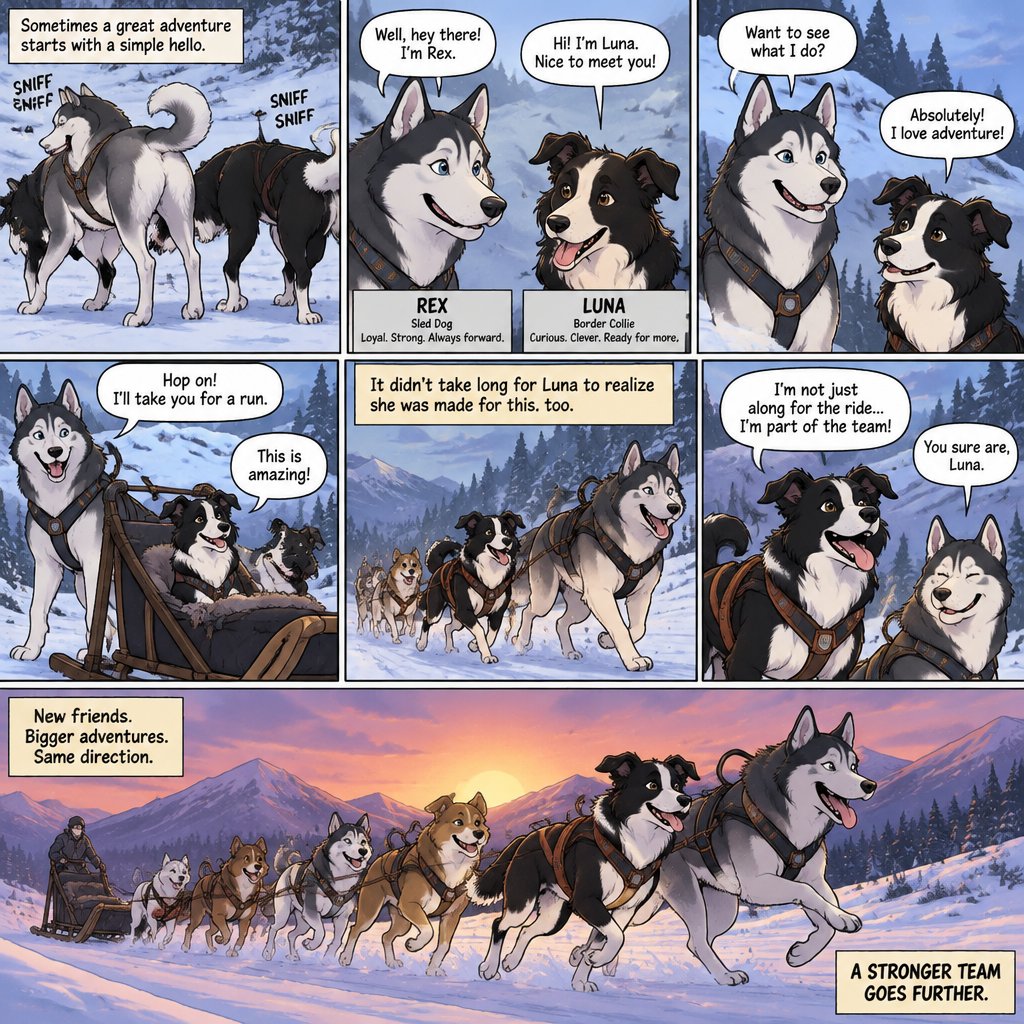 A multi panel comic about a male husky named Rex and a female Border Collie named Luna, it starts with then sniffing each other’s rears (which is a dog thing), after that they start talking, after that Luna gets put on the sled Rex pulls with a sled dog team and she becomes part of the group but now ad a sled dog, animated style