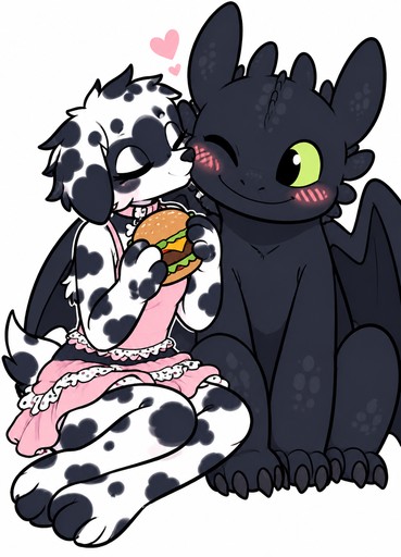 Cartoon spotted dog cuddles a dark dragon while holding a sandwich.