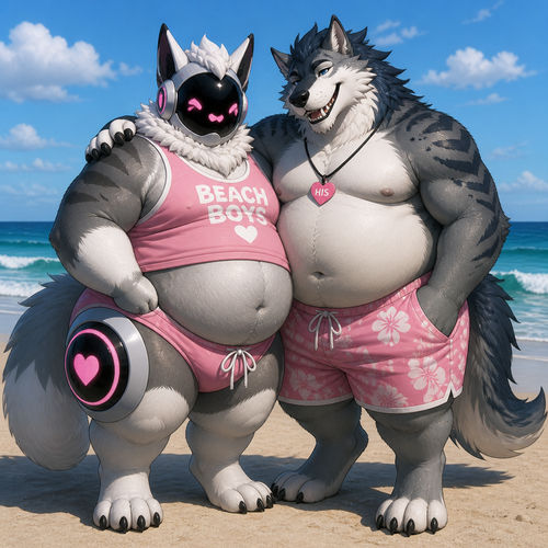 Two thick homosexuals at the beach together. A Protogen and a Sergal. Well-made characters. Front views.
