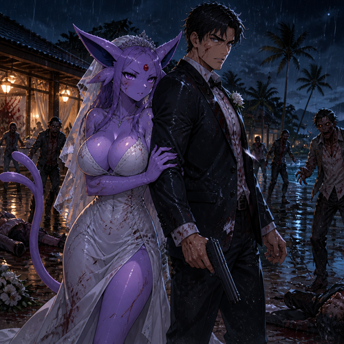 In this reality, at the wedding right before everything was perfect but then after the zombies came crashed and ruined the party became a blood bath. A busty adult female Espeon the bride and her adult human groom as husband and wife stand bye side together and face the living dead at night. A well-made anime version. A modern life. On a tropical island resort. Gotten all wet by the rain. Front/side view. Love and support each other.
