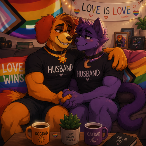 A anthropomorphic smiling critters verse. Both anthro DogDay and Catnap are both boyfriends living together and married. Sits together on a sofa. Today’s pride month. Both grownups. Animated art version. Looking at each other in wholesome. Yaoi.