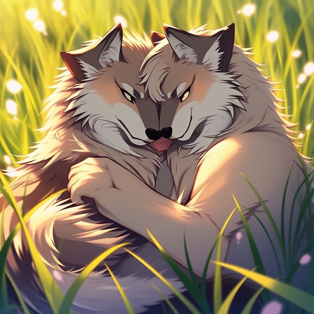 Two wolves, hugging in a tight embrace as they lay in the grass, the sun rising in the background