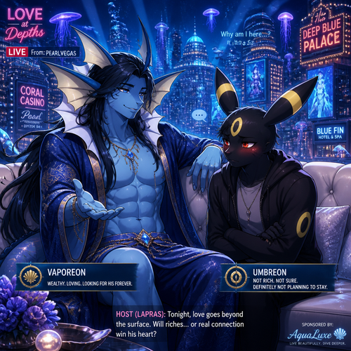 In a dating reality show on live, a very wealthy loving grown Vaporeon gay male with buff body and dark long hair color that wears a robe (like a guardian of a deep blue sea) who invited a non-rich anthro grown Umbreon male that blush a little and doesn’t want to be here and wonder why. A well-made animated version. In the city underwater that looks like Las Vegas. A modern life. gentle and kind. 