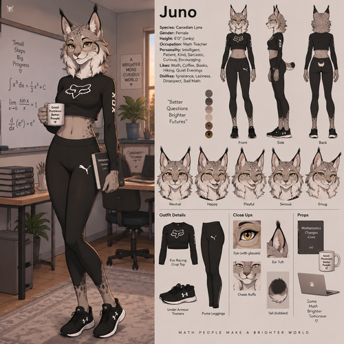 A beautiful lanky female anthropomorphic Canadian Lynx named Juno, has cheek ruffs and ear tufts like a normal lynx, is wearing a long sleeve fox racing crop top a pair of black Puma leggings and a pair of under armor trainers, wears glasses, her glasses are gold aviator frames, is a math teacher, is in a room alone, animated version, reference sheet, one big picture 