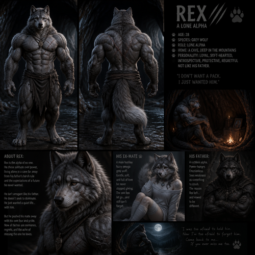 The well-made big and buff alpha male grey wolf tribe at front/rear view who lives in a cave all alone with no pack and misses his ex-mate (a grown male femboy fuzzy omega grey wolf tribe) sadly depressed and have regrets also is nothing like his arrogant father the alpha.