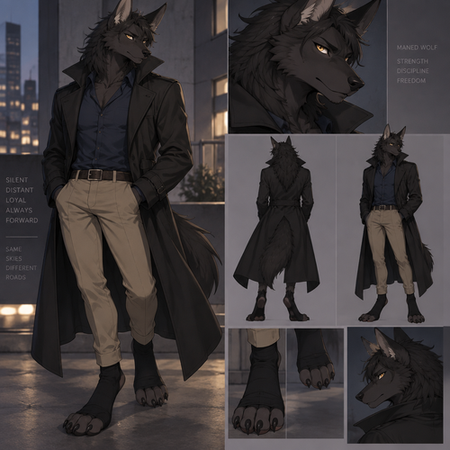 male, black fur, maned wolf, golden eyes, digitigrade footpaws, toned body,dark blue shirt, khaki pants, black pawsocks that expose the toes on the footpaws, wearing a black trenchcoat, anime style, 