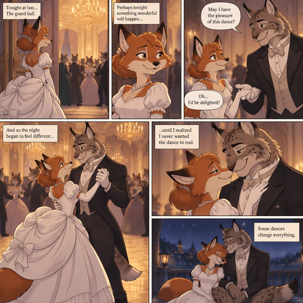 A multi panel comic about a female anthropomorphic fox wearing a white dress with a big bustle, first she goes to a ball room then a lynx who asks her to dance and then they fall in love with each other, animated style