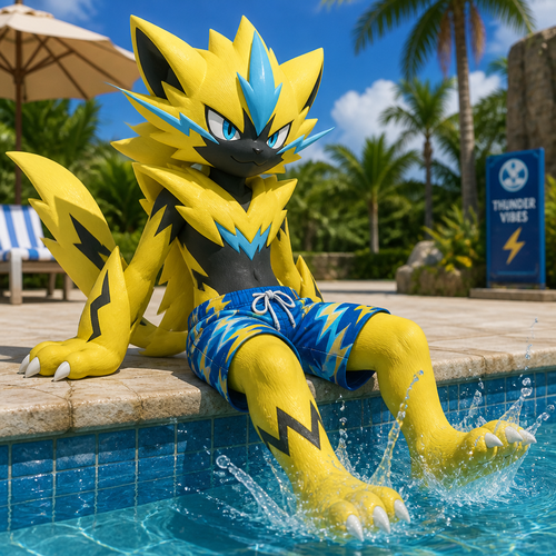 Zeraora wearing blue thunder bolts styled swim trunks. Sitting on the edge of a pool splashing his feet in the water.