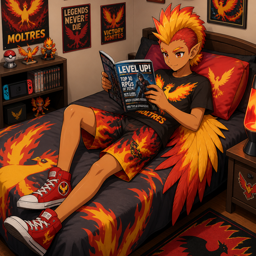 A middle school aged male Phoenix the bird wearing Moltres themed shirt, fire themed shorts, red high top shoes, and a plumage mohawk hairstyle. He is laying on his bed reading a gaming magazine. Anime art style, solo, full body.