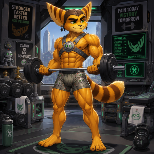 Ratchet from Ratchet and Clank wearing tight Clank themed shorts, a grey leather harness showing off a 16 pack of abs, and obsidian earrings. He is at home in his gym lifting weights. Anime art style, solo, full body.