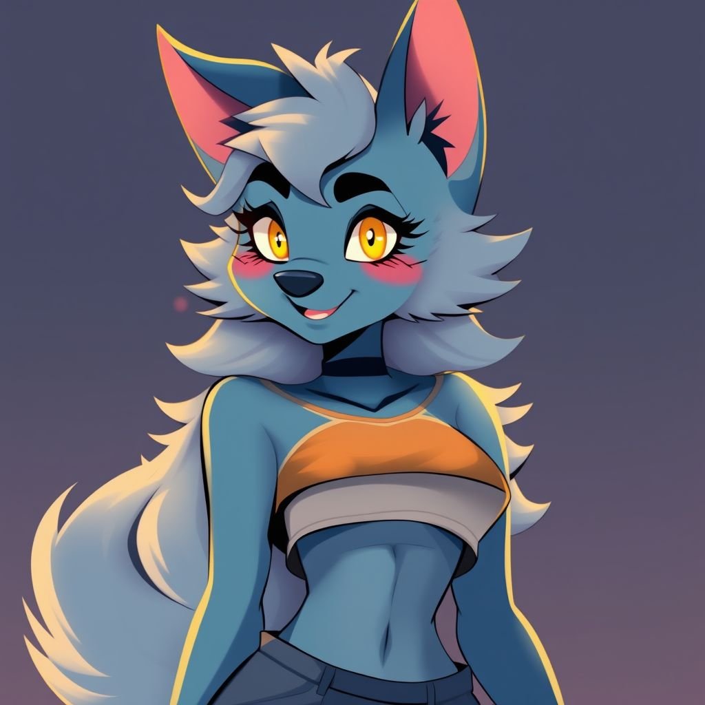 Big blue female part dog part human with huge tail crop top full body shot
