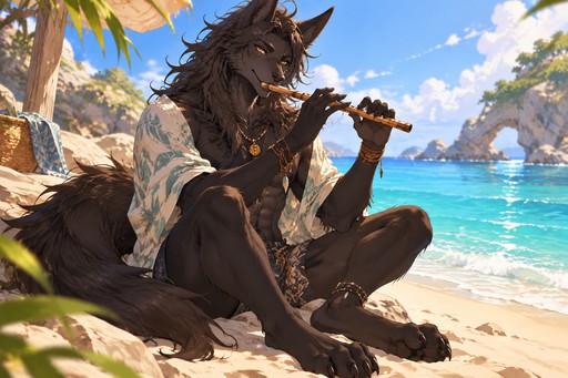 male, maned wolf, black fur, Gold eyes, digitigrade footpaws, , chest fluff, long hair, playing a flute, sitting by the water