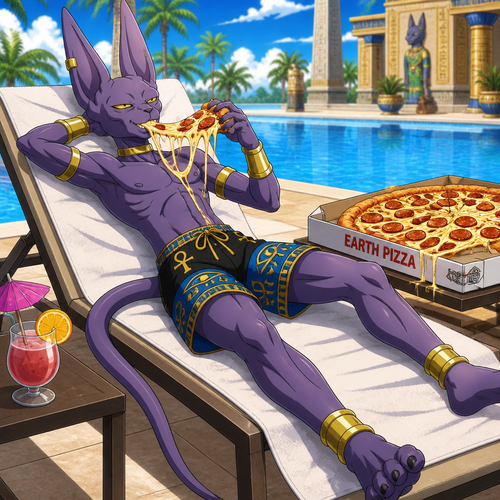 Beerus from Dragon Ball Super wearing Egyptian theme swim trunks, gold bracers, and a gold choker. He is laying on a poolside chair eating pizza that is extremely cheesy and have tons of pepperoni. Anime art style, solo, full body.