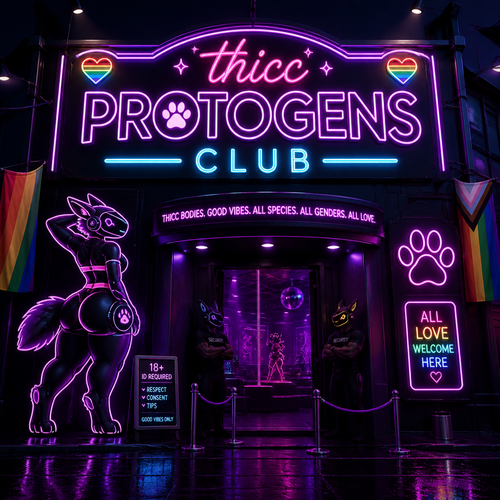 A LGBTQ strip club that says; thicc Protogens club. Well-made version.