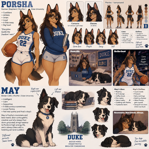 A beautiful curvy female German shepherd named Porsha who lives in a college dorm with her border collie roommate May, goes to Duke University, typically wears contacts unless she’s in her dorm then she wears glasses, plays basketball, May doesn’t play, May has a rigid right ear and a floppy left ear, reference sheet, has May’s description, animated version