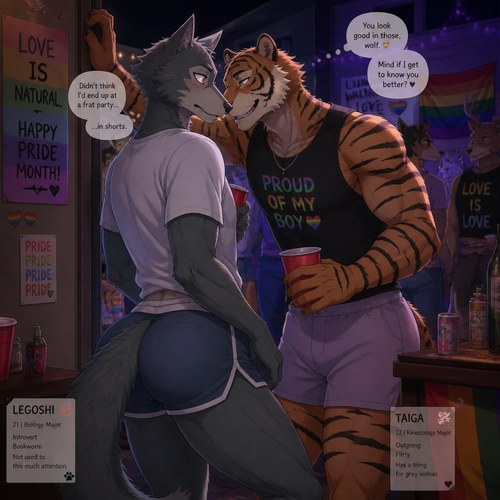 Legoshi from Beastars universe with big butt and wears shorts who’s been invited at a college party on pride month. A male tiger who likes him. Anime version. Yaoi. 