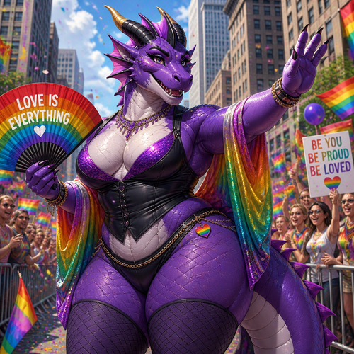 A beautiful adult anthro Dragon male as a drag queen with thick thighs and makeup on today’s pride day in a city parade. So friendly and supportive.