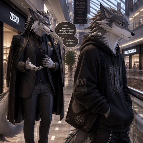 An arrogant billionaire male Sergal who came to see and apologizing for the things he did/said to an ex-boyfriend male Sergal who’s not rich enough yet unhappy mood while looking away at the mall.