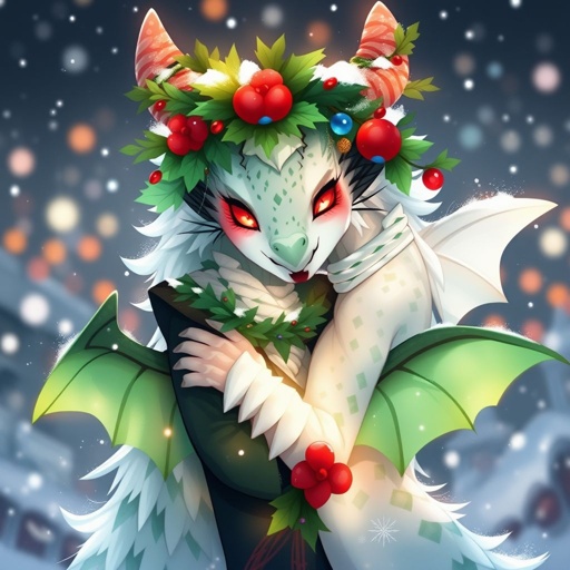 Create a dragon with white,green and red scales with horns like a Christmas tree and eyes a beautiful shade of red to blue with a calm yet loving smile with mistletoe jewelry with wings the shade of green going to white on the night before Christmas celebrating with the people she cares for 