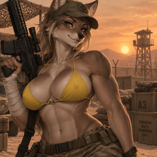 A digital illustration of an anthropomorphic character with an attractive, muscular physique—featuring powerful biceps, a full bust, and defined abs. She wears a worn-looking olive-green military cap and a bright yellow bikini top, maintaining a confident expression. Her right arm is heavily wrapped in white bandages extending from the wrist to the mid-forearm, and she holds a black tactical rifle. She strikes a confident, slightly provocative pose against a desert military base backdrop; the silhouette of a distant watchtower and a wire fence stands out against a hazy, orange-hued sky. The composition is a half-body shot focusing on the character's torso and face, captured from a dramatic angle. Directional lighting creates soft shadows that accentuate the contours of her silhouette. The color palette is dominated by muted earth tones that contrast sharply with her fur and the vibrant yellow of her swimwear. The atmosphere is rugged yet serene.
