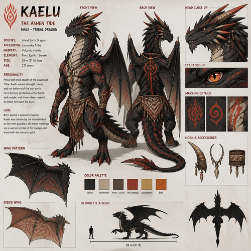 Male tribal dragon from a volcanic island. Reference sheet, anime art style.