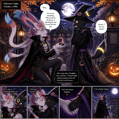 In this anthropomorphic verse on a Halloween night, a wealthy grown queer Sylveon male named Vincent (the Barron who dressed as a gay vampire) who spent many days with his boyfriend (a non-rich grown mature Umbreon male named Ricky dresses as a witch) while finally asking to marry him to show affection. A well-made animated version. A spooky and scary holiday on October autumn. A modern society in year 1990s. Side view. Manga.