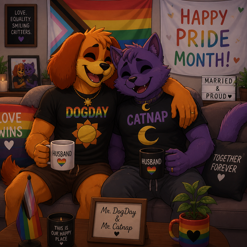A anthropomorphic smiling critters verse. Both anthro DogDay and Catnap are both boyfriends living together and married. Sits together on a sofa. Today’s pride month. Both grownups. Animated art version.