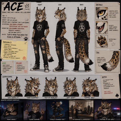 A teenage male wolf cheetah fox and lynx hybrid named Ace that makes questionable decisions, reference sheet, animated version 