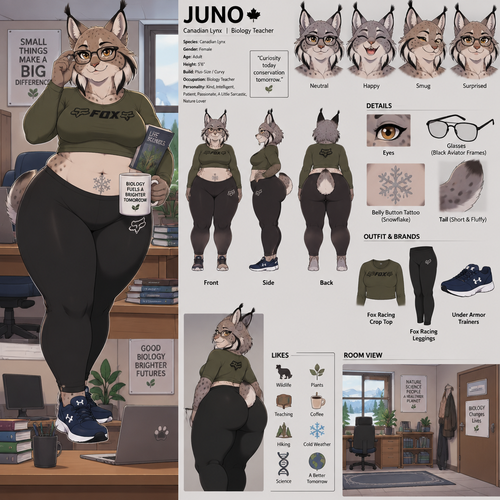 A pretty plump female anthropomorphic Canadian Lynx named Juno, has cheek ruffs and ear tufts like a normal lynx, is wearing a olive green long sleeve crop top and black leggings with a tight waistband thats makes her gut go over the waistband a little, both her crop top and leggings are fox racing brand, wears navy blue and white under armor trainers, wears glasses, her glasses are black aviator frames, has a snowflake tattoo around her belly button, is a biology teacher, is in a room alone, animated version, reference sheet, one big picture 