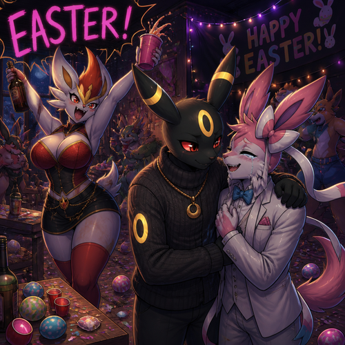 In a anthropomorphic universe, on today’s Easter in spring, an male Umbreon that wears a sweater and a well-made elegant moon pendant necklace that forgave a male Sylveon that wears an elegant suit with tears of joy while a crazy busty female Cinderace is having a blast and shouts EASTER! At night in a party who’s been wrecking up a place.