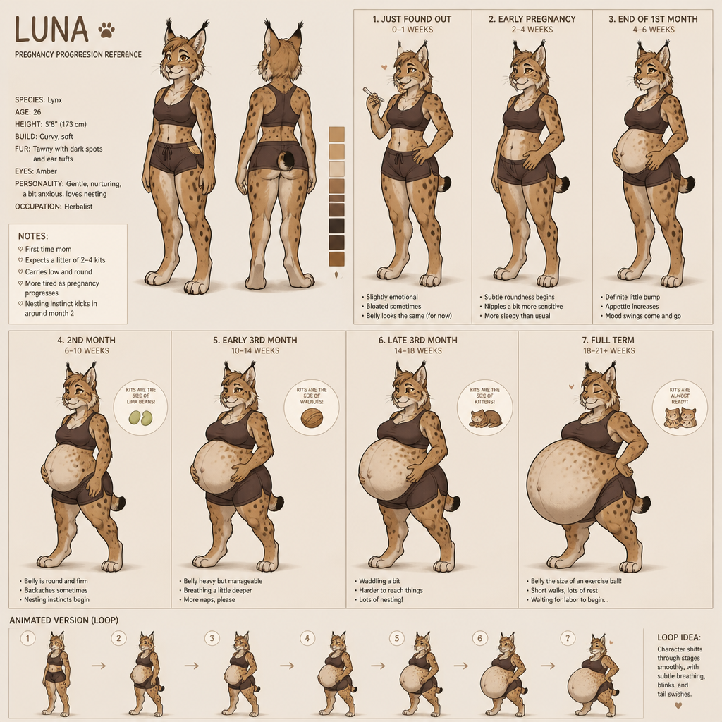 A pregnant female anthropomorphic lynx, reference sheet, shows her progress from just finding out she’s pregnant to when she has a belly the size of a exercise ball, animated version