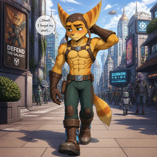 Ratchet wearing his normal clothes but instead of a shirt it’s instead a leather harness with a 16 pack of abs showing. He is blushing and acting embarrassed by forgetting to put on a shirt. He is walking around a city. Anime art style, full body.