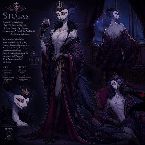 Stolas, all tall & curvy, and has chest furs, also wears a robe. Well-made version and character. Gay.
