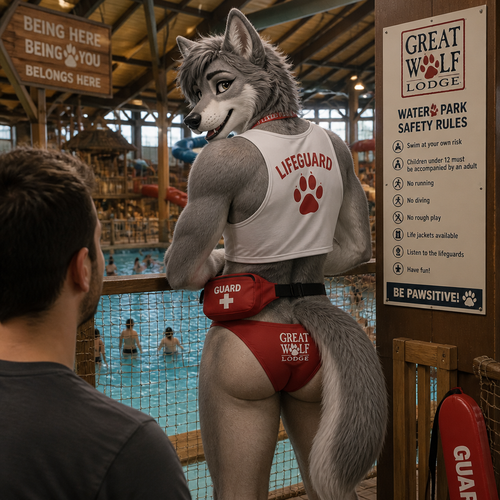 A well-made femboy grown grey Wolf male character who works at the Great Wolf Lodge the water park as a lifeguard. Sees a man who likes him. Wears speedos. Very friendly and has eyeliner. Back view.