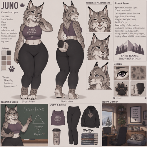 A beautiful curvy female anthropomorphic Canadian Lynx named Juno, is wearing a crop top and leggings, is a math teacher, is in a room alone, reference sheet
