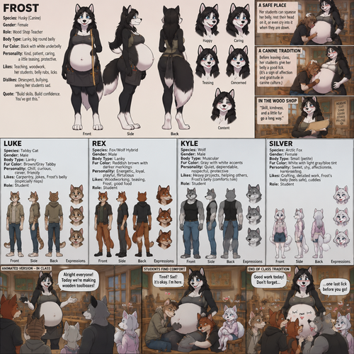 A female anthropomorphic husky named Frost that has a lanky body but a pretty big round belly, has black fur with a white underbelly, is a wood shop teacher, let's her students squeeze rest their head on or even cry into her belly when they are down, has a tradition that her students give her belly a good lick before they leave class (which is a canine thing), shows her class a lanky male anthropomorphic tabby cat named Luke, a lanky male anthropomorphic fox wolf hybrid named Rex, a muscular anthropomorphic male wolf named Kyle, and a small anthropomorphic female arctic fox named Silver, reference sheet, animated version 