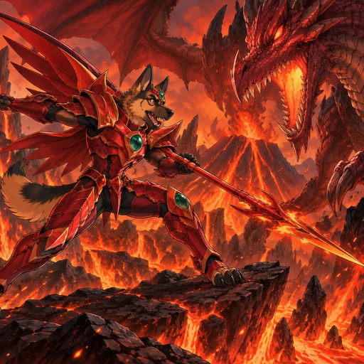 A male German shepherd wearing the fire dragoon armor from Legend of Dragoon. He is fighting a dragon in a volcano. Anime art style, full body.