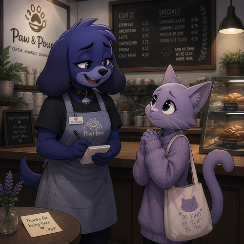 A well-made female anthro character, Dogpressed of the frowning critters, wears a apron, meets a kind shy cat that made her smile. Works at the modern cafe.