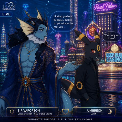 In a dating reality show on live, a very wealthy loving grown gay Vaporeon (a original male character) with buff body and dark long hair color that wears a robe (like a guardian of a deep blue sea) who invited a non-rich anthro grown Umbreon male that blush a little and doesn’t want to be here and wonder why. A well-made animated version. In the city underwater that looks like Las Vegas. A modern life. gentle and kind. Side view.