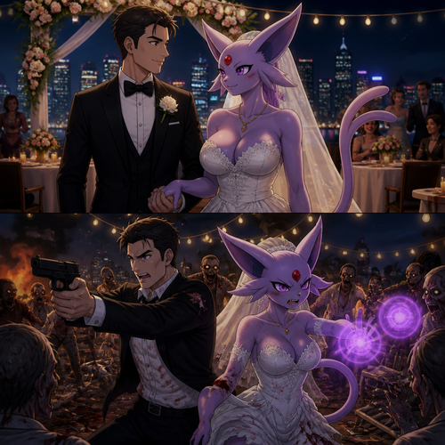 In this reality, at the wedding right before everything was perfect and then after the zombies crashed the party. A busty adult female Espeon the bride and her human groom as husband and wife stand together and face the living dead at night. A well-made animated version. A modern life.