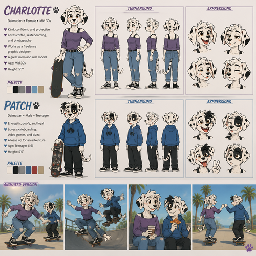 A beautiful female anthropomorphic Dalmatian named Charlotte in her mid thirties with no piercings skateboarding with her teenage son Patch who has a patch of black fur over his right eye, reference sheet, animated version 