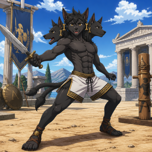 A middle school aged male anthropomorphic Cerberus wearing Greek inspired shorts, shirtless showing off a 16 pack of abs, Greek sandals, and golden bone earrings. He is in a Greek training grounds practicing his sword work. Anime art style, solo, full body.